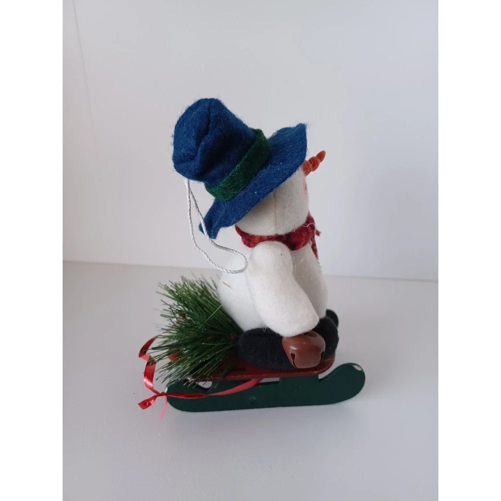 Vintage Snowman Holiday Seasonal Christmas On Sled Ornament Collectible